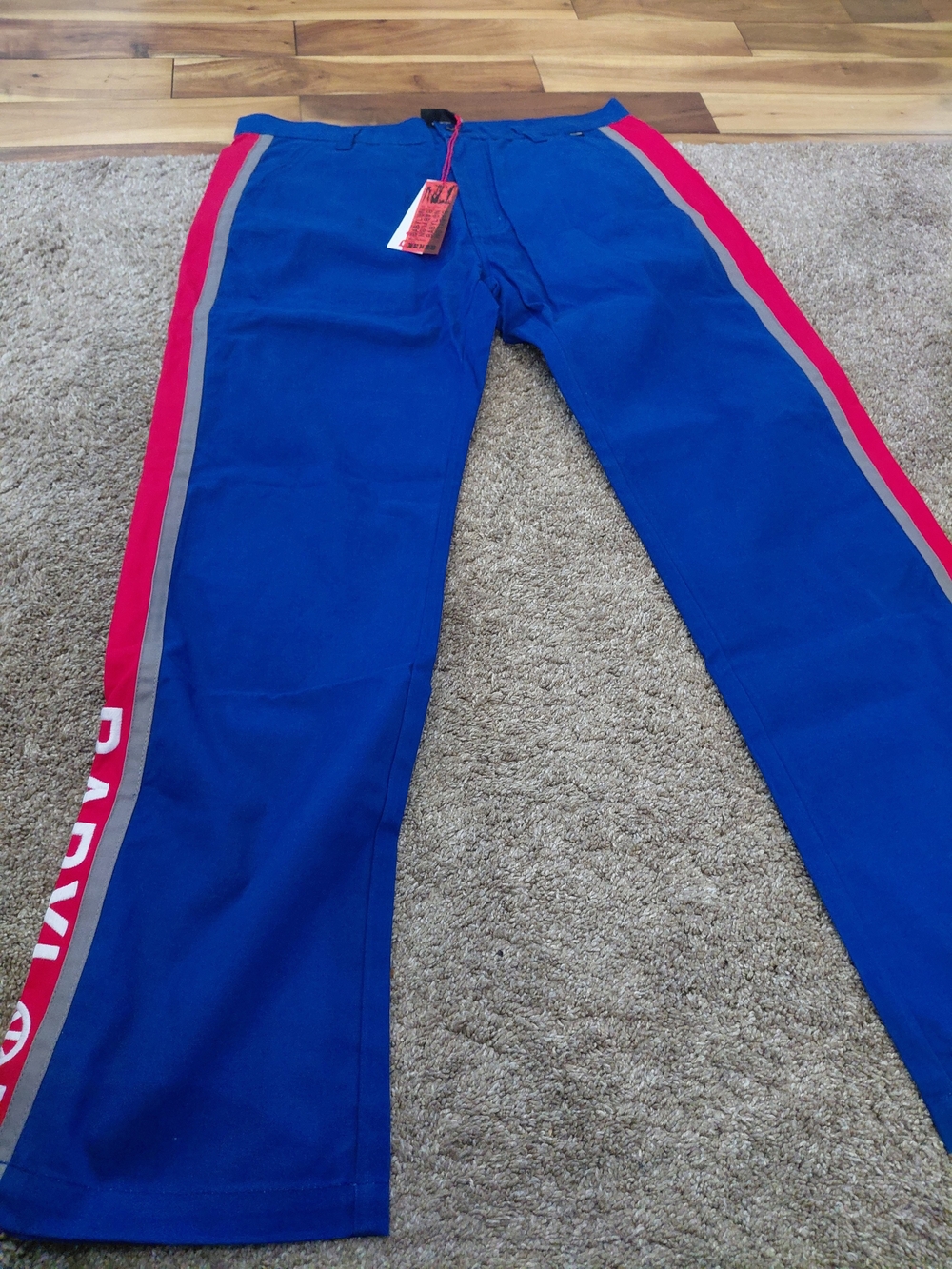 Blue Track Pants with Pink & Gray Side Stripes